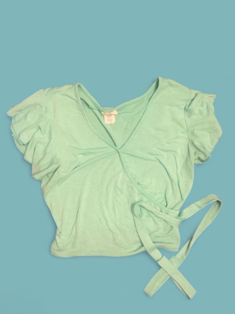 Mint Green Short Sleeve Wrap Crop Top with Tie